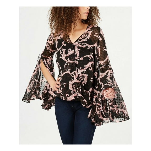INC Womens Black Floral Bell Sleeve V Neck Blouse Size: L
