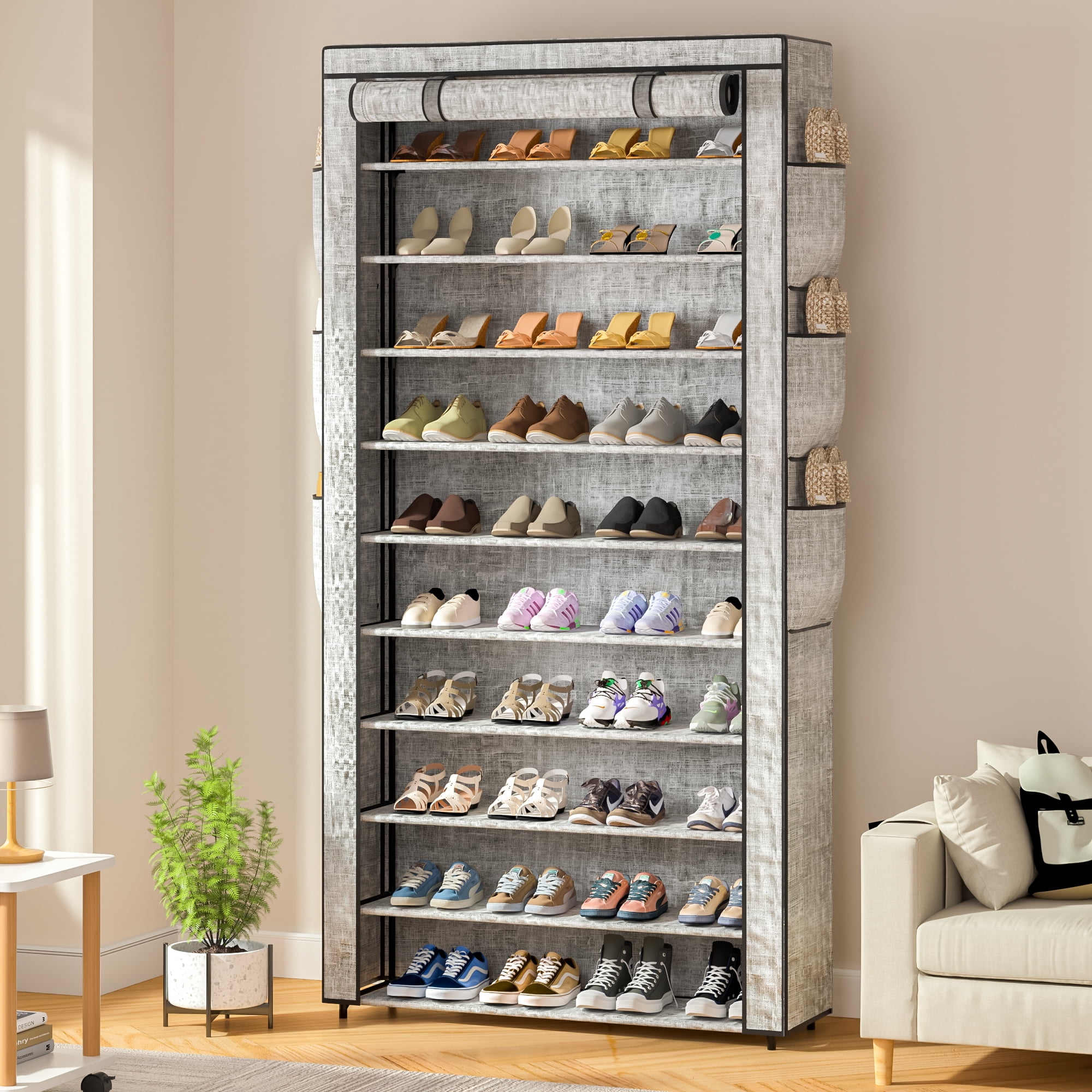 10 Tier Large Capacity Dustproof Shoe Cabinet 50-55 Pairs, Tall Shoes Storage Rack with Fabric Cover for Closet, Dorm, etc