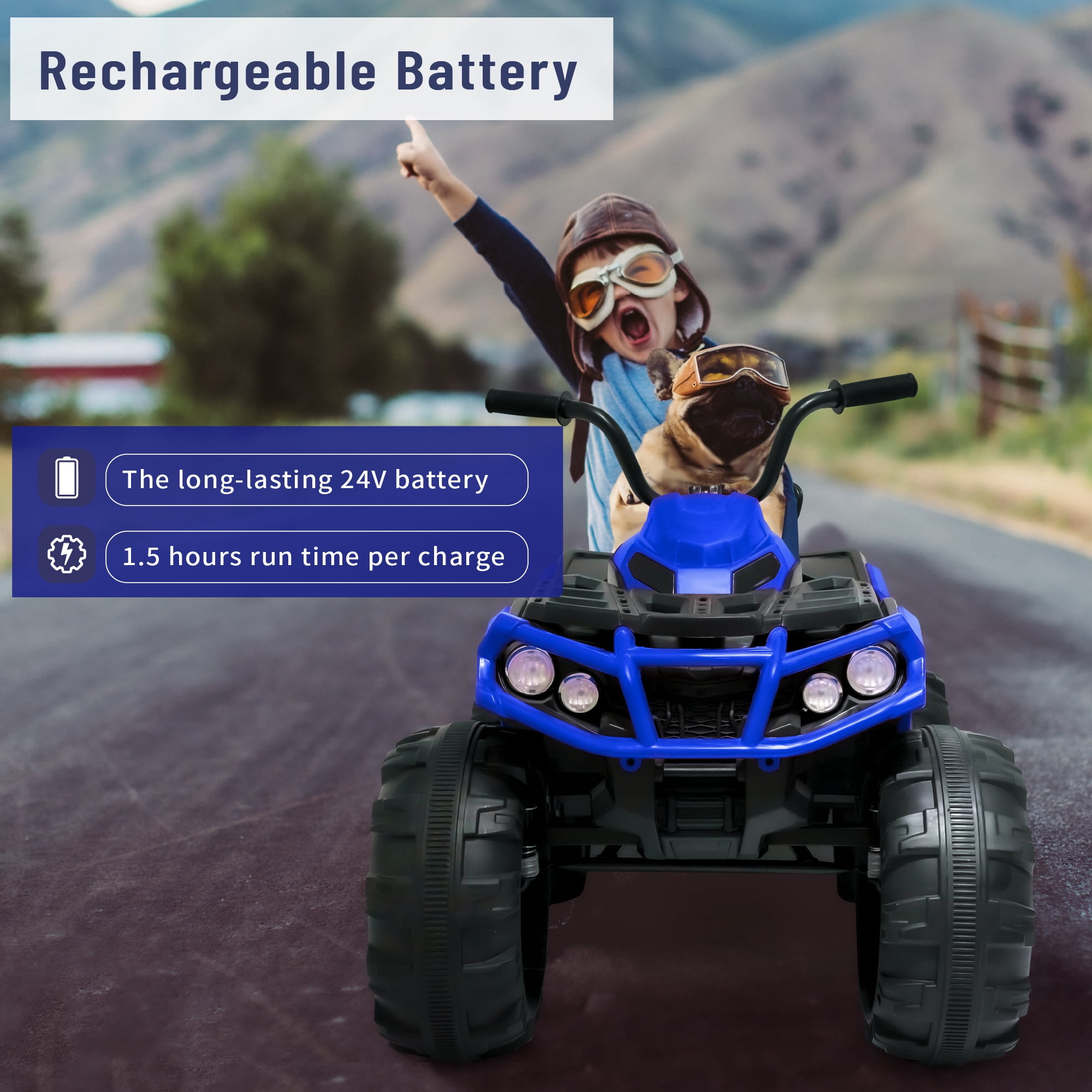 BKIRNP 24V Kids Ride-On ATV Off-Road Quad Car 6mph Electric Car with 2 Speeds and Bluetooth Music