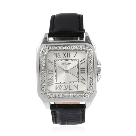 Movement Black Leather - White Crystal Japanese Movement Water Resistant Watch with Black Faux Leather Straps & Stainless Steel Back Ct 1.2