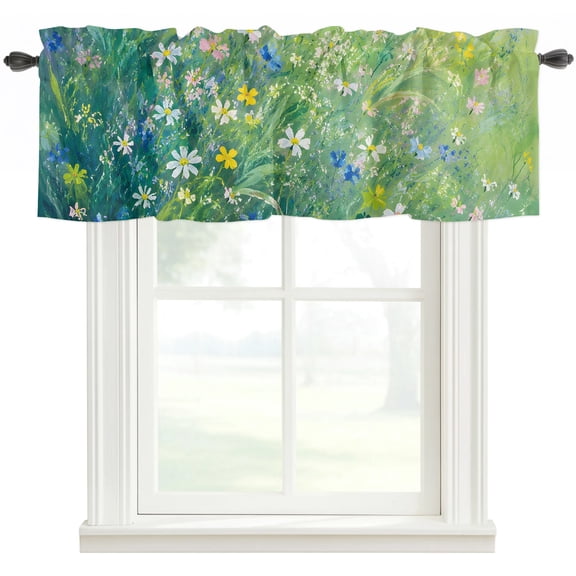 Wildflower Meadow Kitchen Valances for Windows, Lush Green Grass Botanical Cottagecore Bathroom Window Valances 42x12 Inch Rod Pocket Window Treatments Valance Curtains for Living Room Bedroom Decor