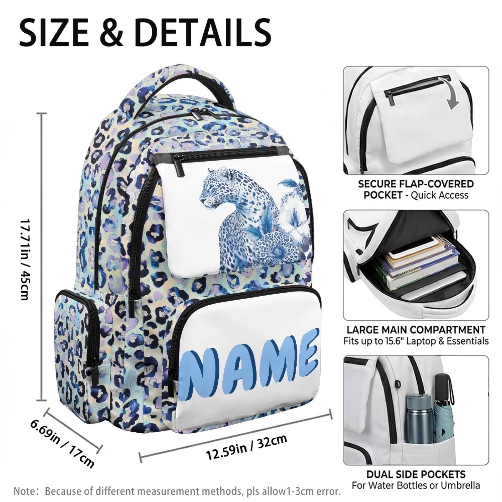 Chririnla Cool Leopard,Custom Name Print Backpack for School Girls Boys Waterproof Backpacks Kids 17 Inch Large Capacity Bookbag with Padded Straps Travel Camping Ruckpack Daily Use