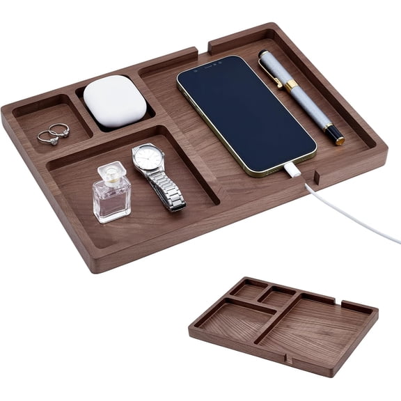Wood Valet Tray for Men Women Walnut Nightstand Organizer with Charging Station Desk Drawer Organizer Tray Office Supplies Desk Trays