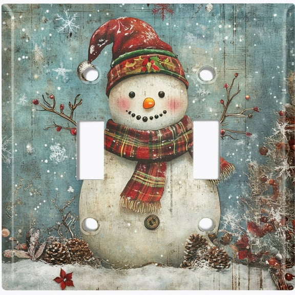 Metal Light Switch Wall Plate Outlet Cover (Printed Image of Jolly Winter Snowman - Double Toggle)