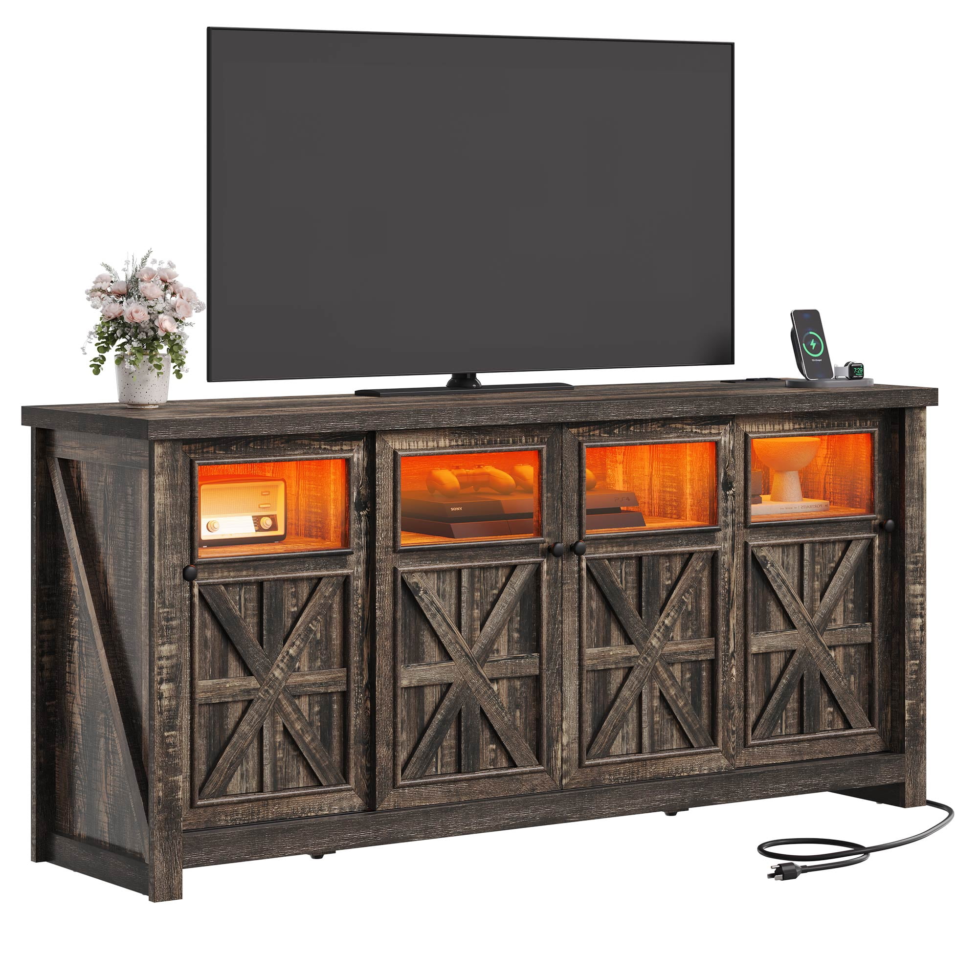 Uforic Large LED TV Stand for TV up to 75", Farmhouse Entertainment Center with Sliding Door, Oak