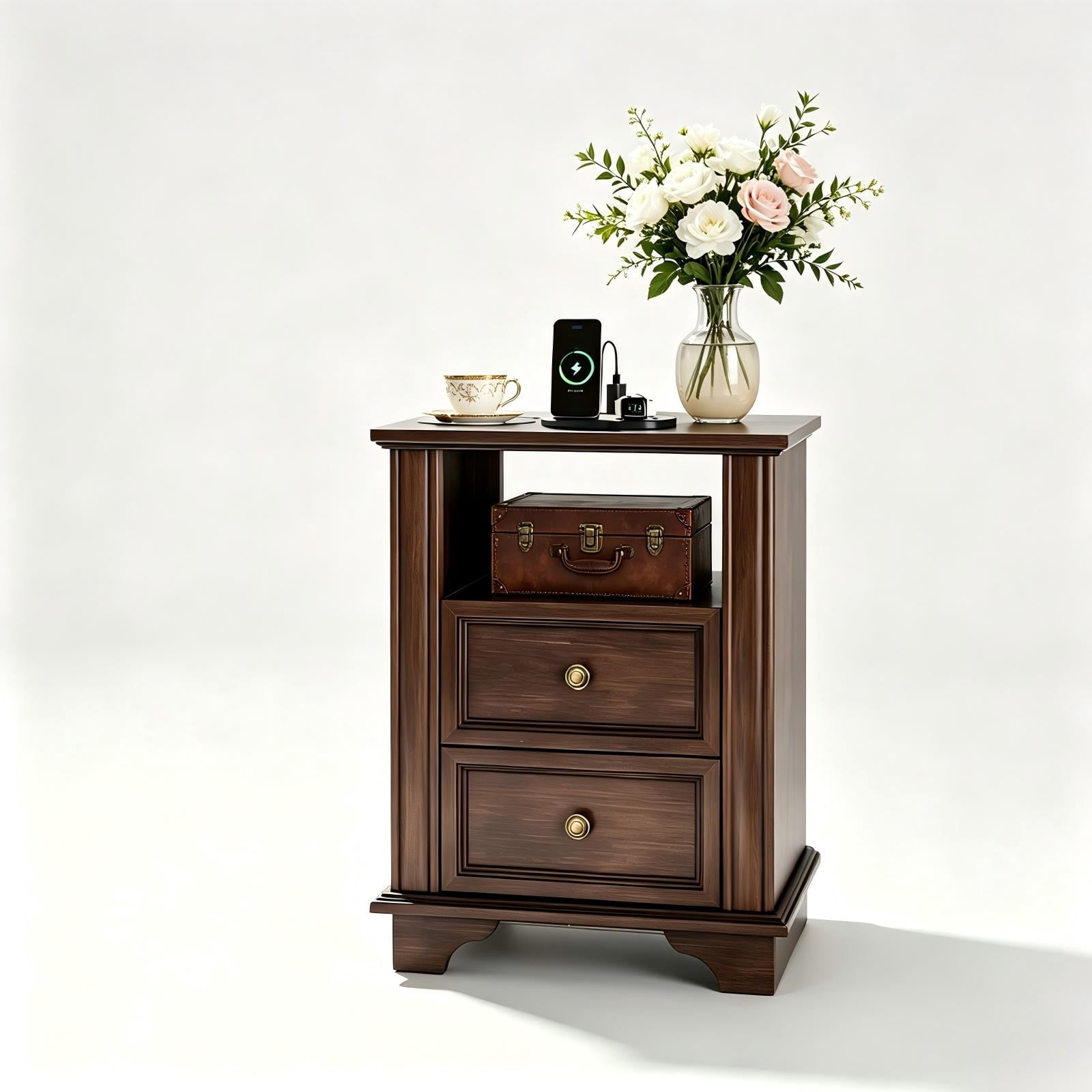 2-Drawer Bedside Table with Shelves and Sockets, MDF Painted Retro Nightstand, Brown, 19.69 x 13.78 x 25.67 in