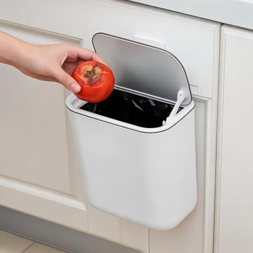 White 2.4 gal Hanging Kitchen Compost Bin with Lid, Stainless Steel Swing-Top