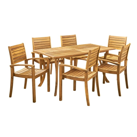 Bauer Outdoor 6-Seater Rectangular Acacia Wood Dining Set, Teak Finish