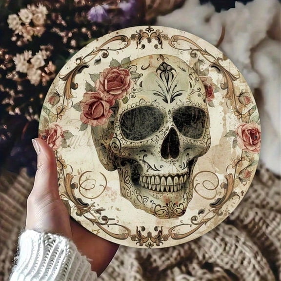 HELLOYOUNG Sugar Skull Wall Art 8 Inch Metal Decor Handcrafted Floral Design Day of The Dead Home Decor Bathroom Bedroom Office Gothic Wall Decor