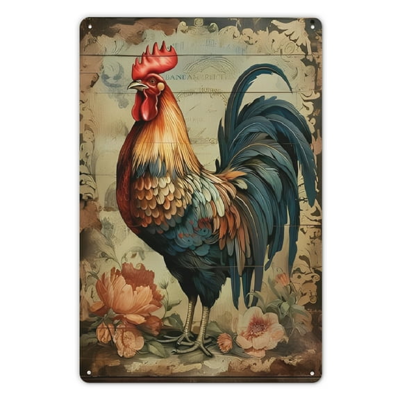 1pc Vintage Rooster Tin Sign, Elegant Chicken Art, Rustic Farmhouse decor, Floral Design, Sturdy Metal, Perfect for Living Room or Kitchen, 8x12 inche, Farmhouse Wall Art, Country Decor