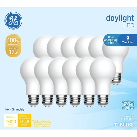 GE General Purpose LED 100 Watt Replacement, Daylight, A19 Frosted Bulbs (12 Pack)