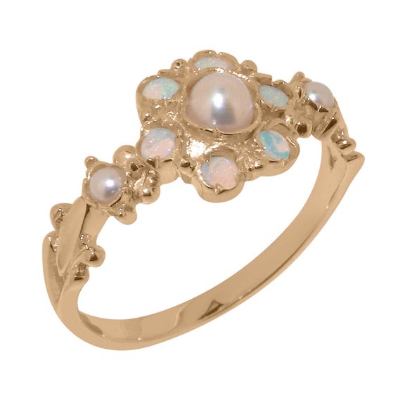 LBG British Made 10k Rose Gold Cultured Pearl & Opal Womens Anniversary Ring - 33 size options - Size 10