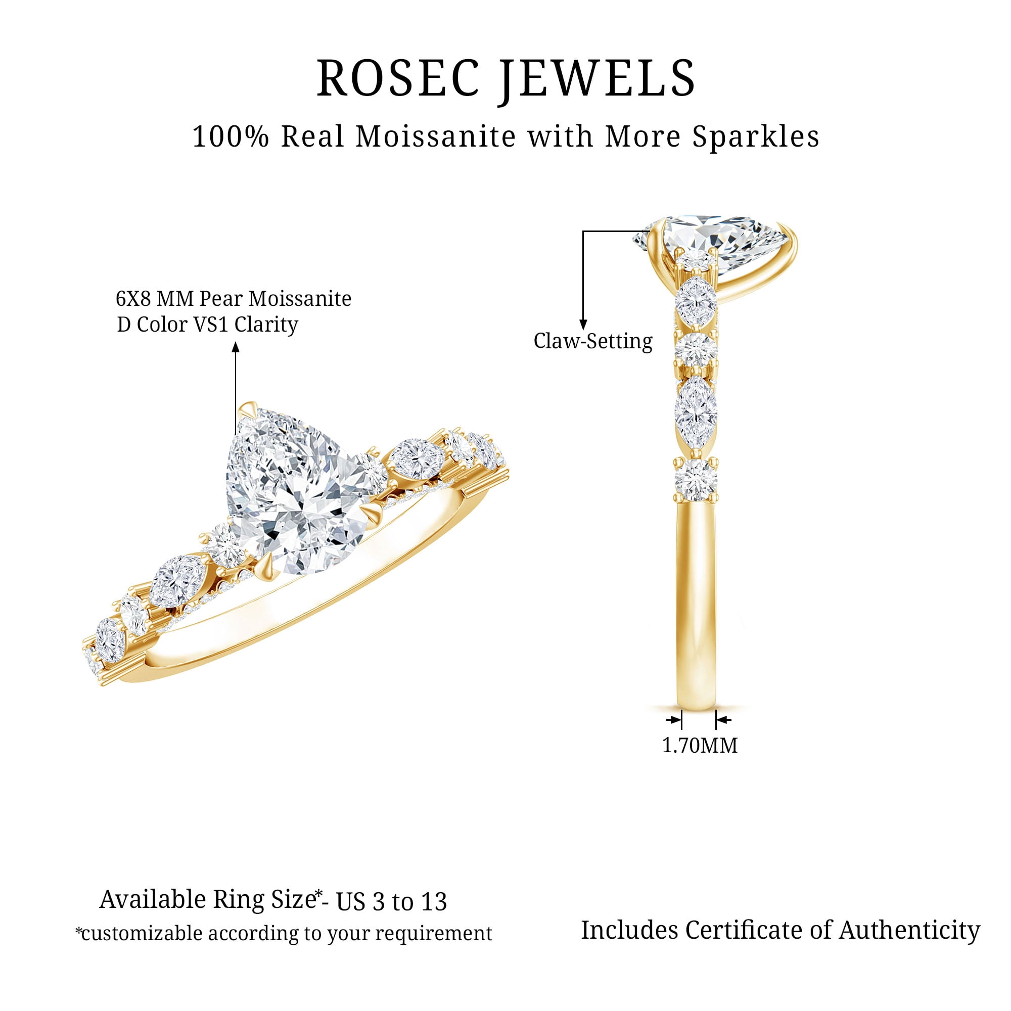 Rosec Jewels Pear Shaped Moissanite Solitaire Engagement Ring for Women - 1 Ct - 6X8 mm - D-VS1 Grade, 14K Yellow Gold, US 4.00
