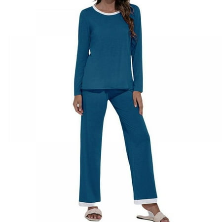 

Autumn Home Casual Round Collar Splice Set Two-piece Pajamas Women