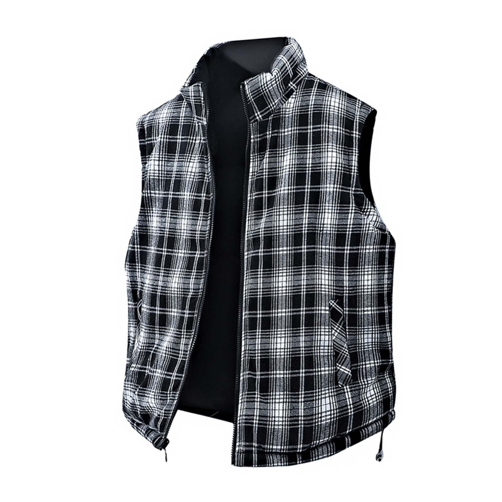 TrdSipl Men's Checkered Double-Sided Vest Sleeveless Stand-Up Collar Zip Waistcoat Outdoor Thermal Ski Vest for Hiking Travel Golf