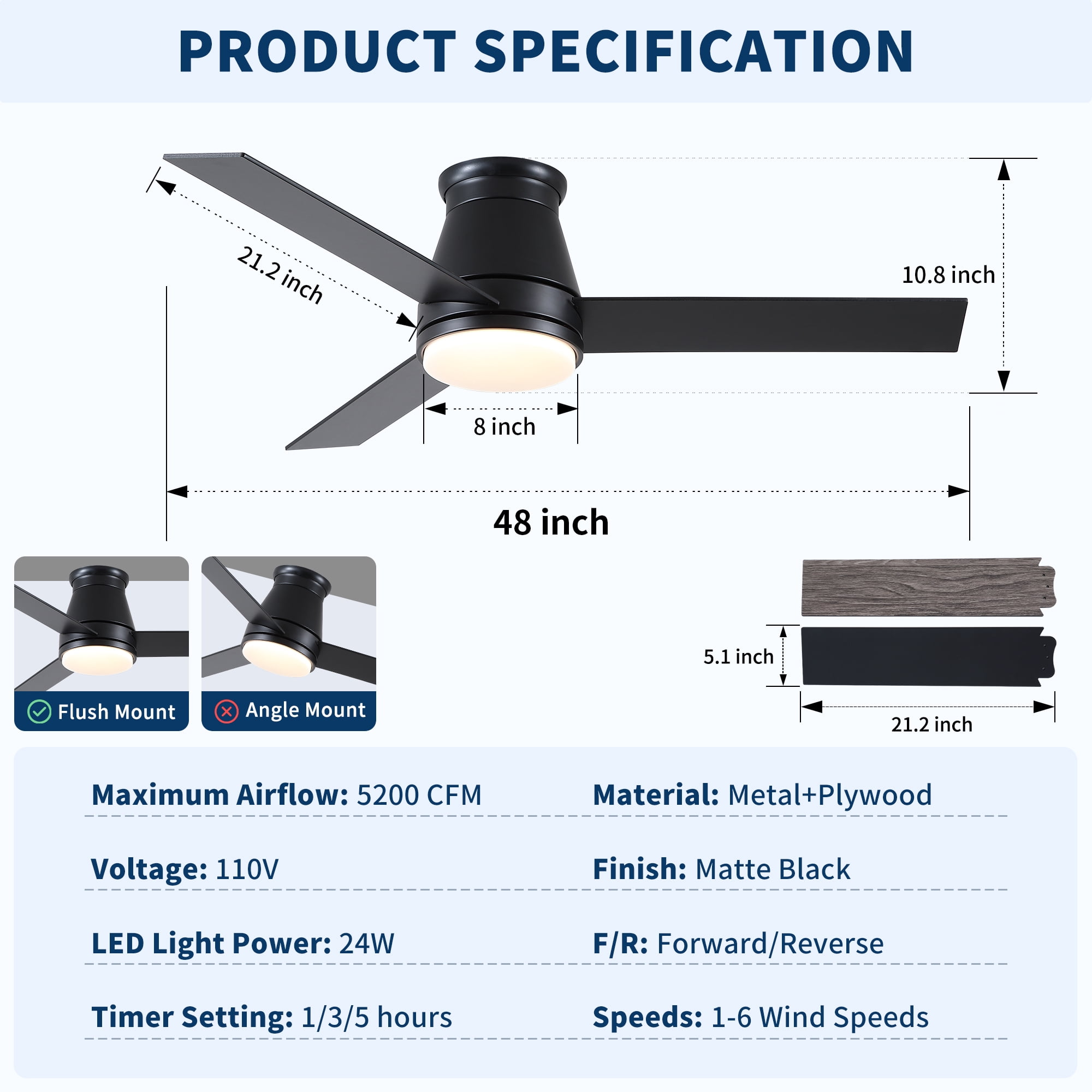 Leumius 48" Black Lowe Profile Ceiling Fan with Dimmable 3CCT LED Light,Modern Ceiling Fan for Living Room Bedroom