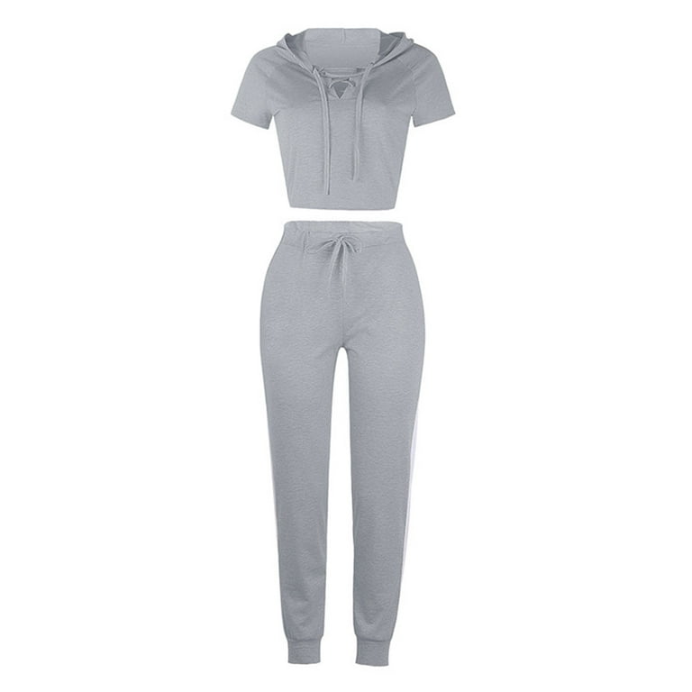 Women Sexy Short Sleeve Two Pieces Outfits Tracksuit Lace Up Crop