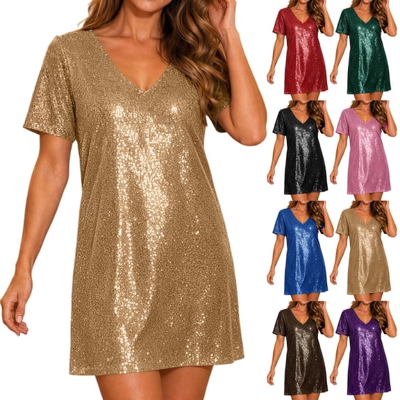 Purcolt Women's Sparkly Sequin Mini Dress V Neck Short Sleeve Loose Glitter Homecoming Dress Cocktail Party Evening Dress