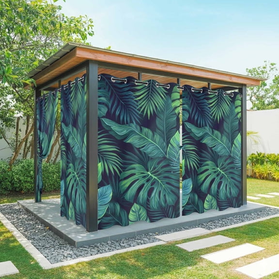 Tropical Plants Outdoor Curtains for Patio Waterproof, Grommet Outdoor Privacy Panels, Summer Watercolor Teal Green Palm Leaves Weatherproof Outside Curtains for Porch/Cabana 54"Wx95"L, 1 Panel