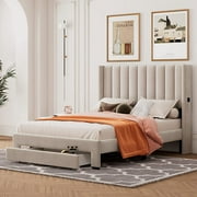 FUDU Full Size Platform Bed Frame Upholstered with Storage Drawer, High Wingback No Box Spring Needed