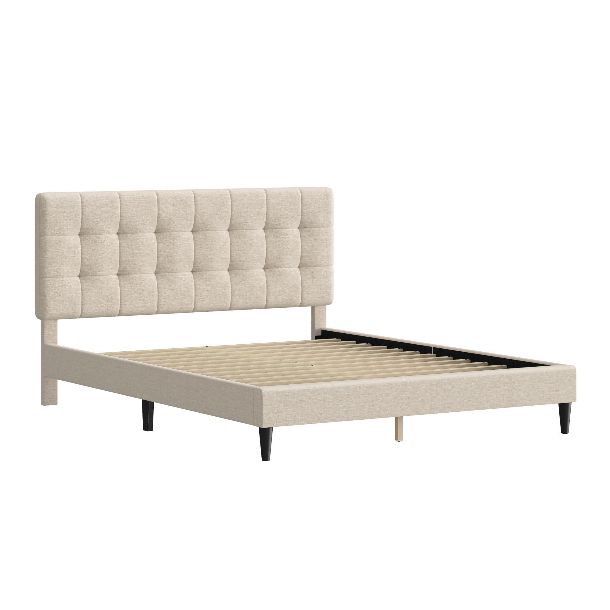 Mainstays Hillside Queen Platform Bed with Square Tufted Upholstered Headboard, Ivory Fabric