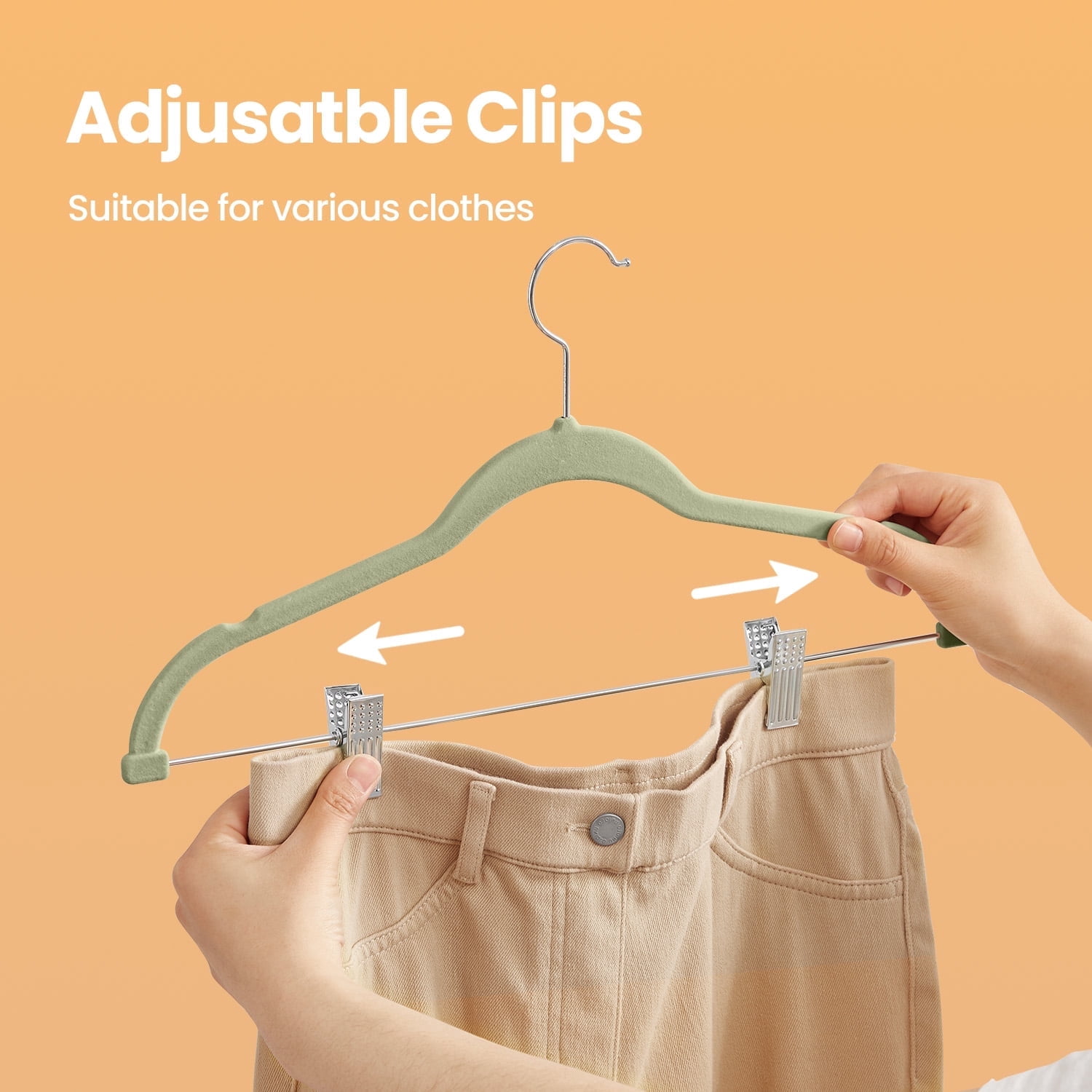 LEDREM 30-Pack Adjustable Velvet Hangers, Heavy-Duty Non-Slip Skirt Hangers, Pants Hangers with Movable Clips, Space-Saving for Dresses & Coats, Pale Green