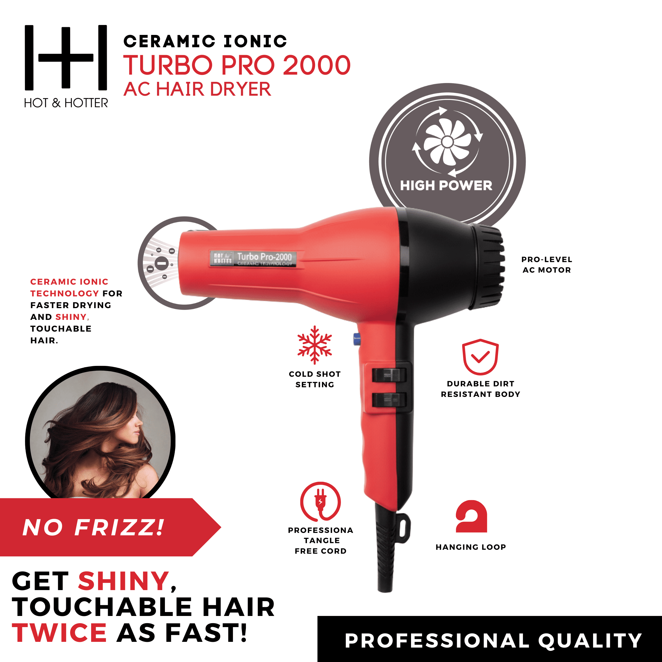 Hot & Hotter Turbo Pro2000 AC Hair Dryer, Red