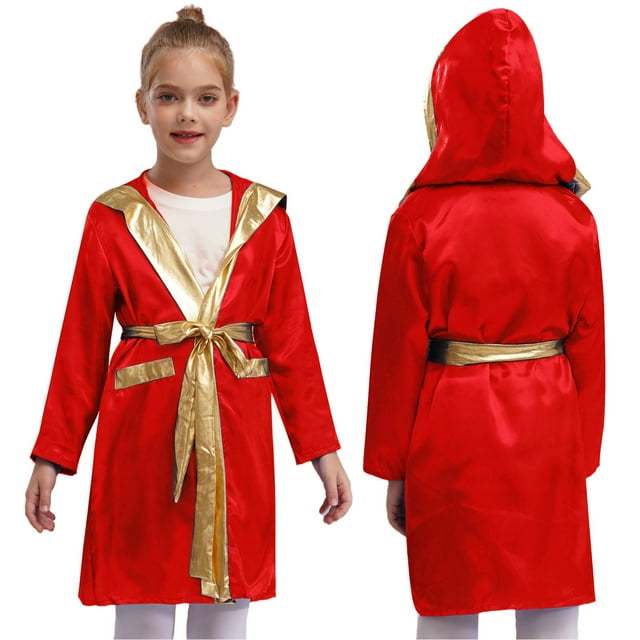 TiaoBug Kids Boys Boxing Robe Metallic Hooded Boxing Tops Cloak Boxer Long Sleeve Open Front Hooded Cloak with Belt Set Burgundy 6