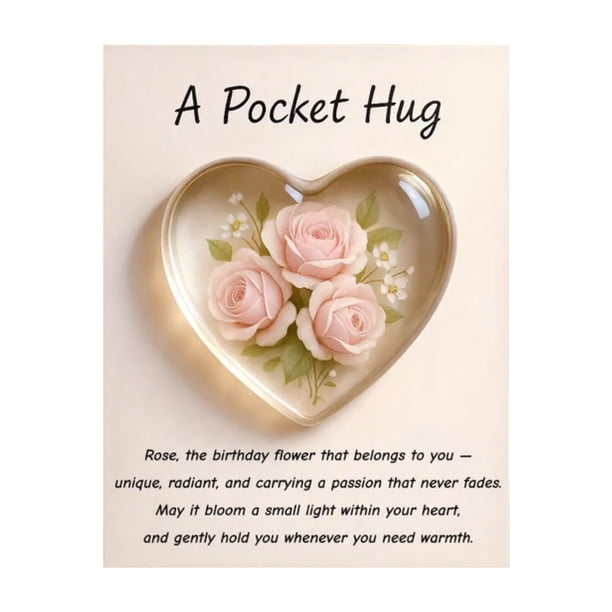 Abrazo de bolsillo con flor de nacimiento y poemas de aliento curativo. Recuerdo de corazón transparente con flor de nacimiento, regalo sentimental portátil.