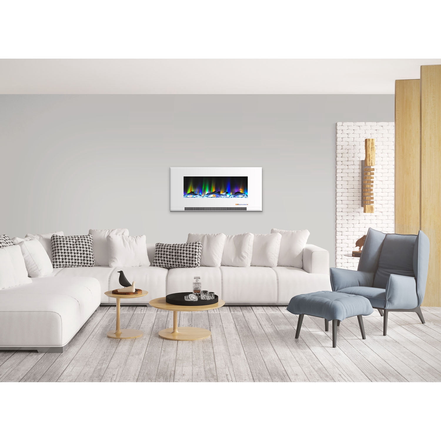 Hanover 42 In. Wall-Mount Electric Fireplace in White with Multi-Color Flames and Driftwood Log Display