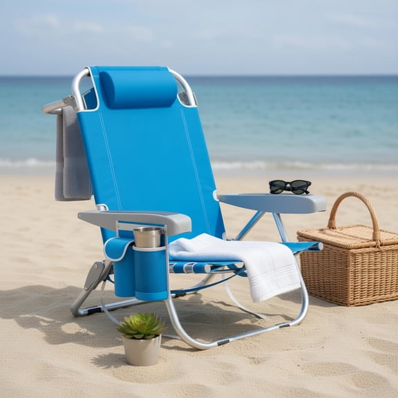 Topcobe 1 Piece Foldable Backpack Beach Chair with Cup Holder and Storage Pockets for Outdoor, Outdoor Patio Furniture for Garden Backyard Pool Deck-Blue