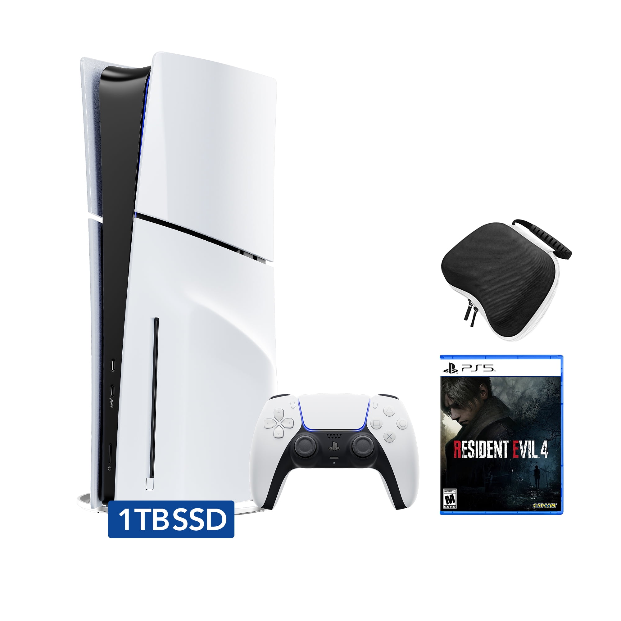 PlayStation 5 Slim Disc Edition Bundle with Resident Evil 4 and Controller Case - PS5, White