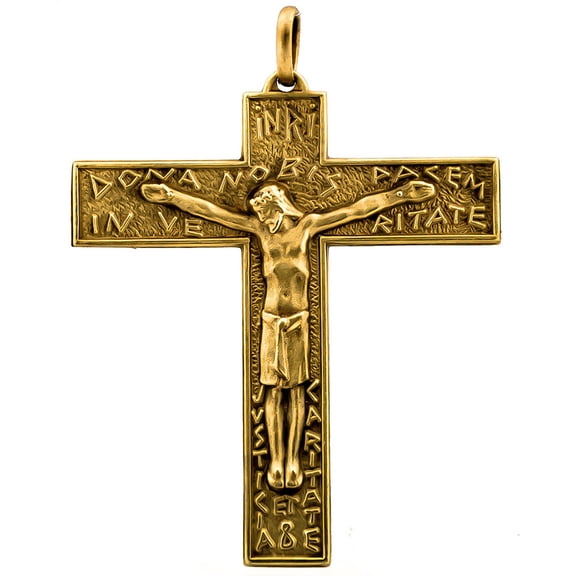 2.75" Large Antique Brass Latin-Inscribed Crucifix Pendant
