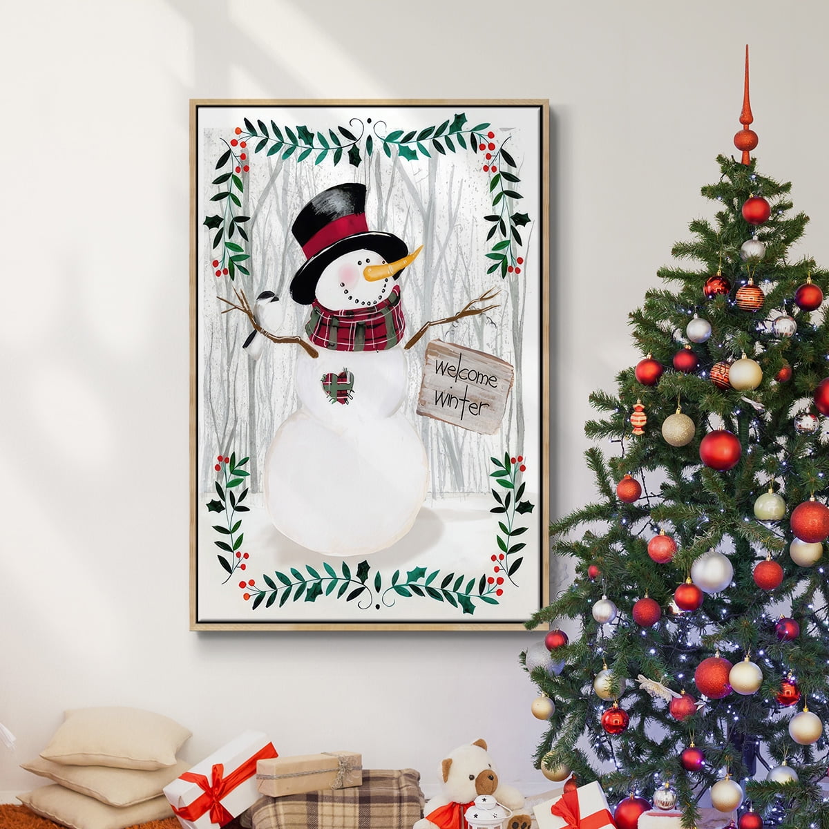 Folk Snowman Forest I - Framed Gallery Wrapped Holiday Canvas - 25 x 37 - Natural Wood Frame