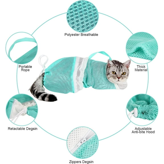 Cat Bathing Bag Adjustable Cat Grooming Net Bag Anti-bite & Anti-Scratch Cat Bath Washing Restraint Bag, Breathable Mesh Cat Grooming Bag for Shower, Nail Trimming, Injection