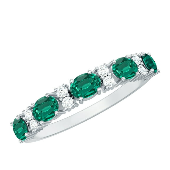 Rosec Jewels Lab Grown Emerald Half Eternity Ring with Diamond, Anniversary Band Ring - AAAA Quality, 925 Sterling Silver, US 4.00