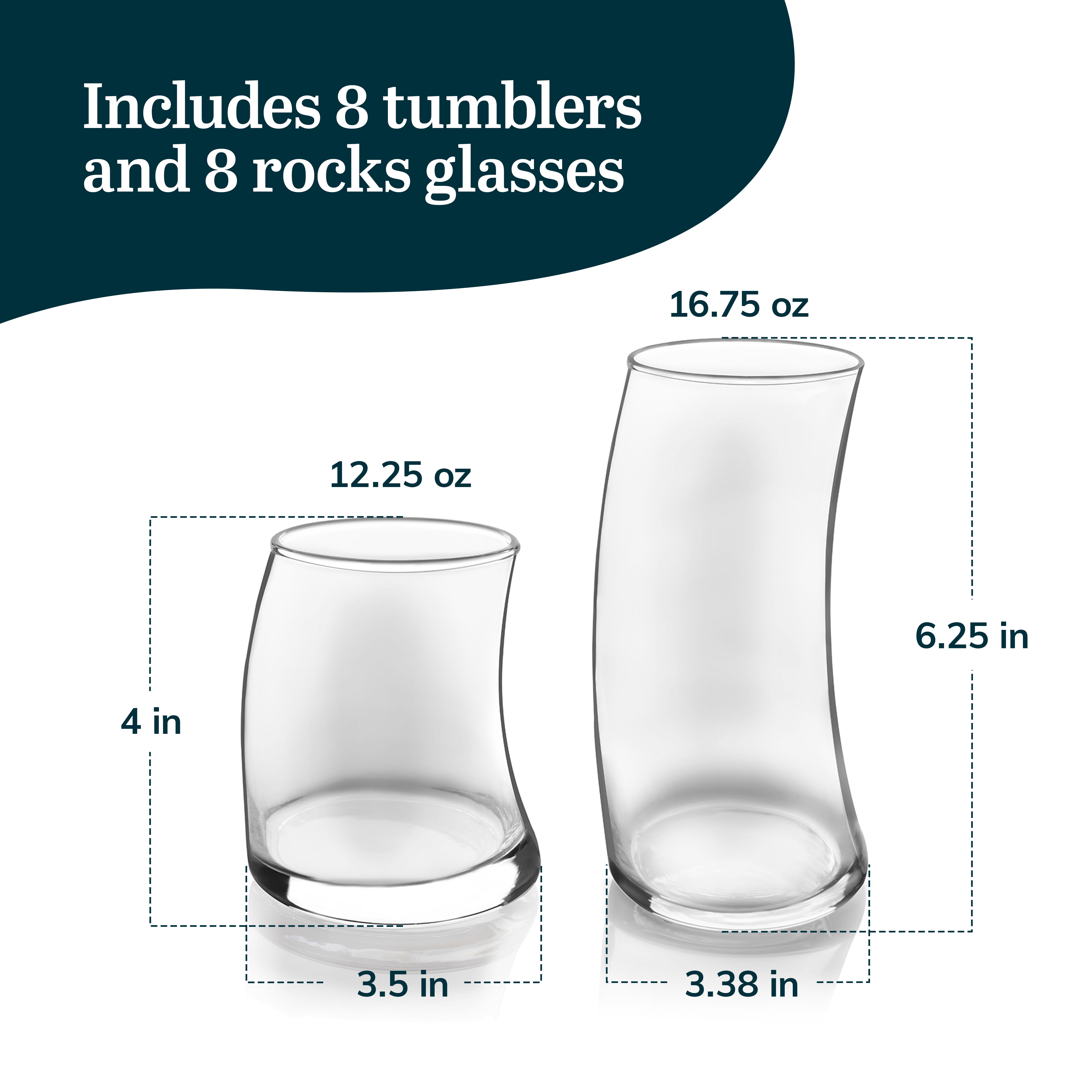 Libbey Swerve Drinking Glasses Set of 16, Chip-Resistant Tumbler and Rocks Glass Cups Set, Fun, Edgy Everyday Drinking Glasses for Special Events
