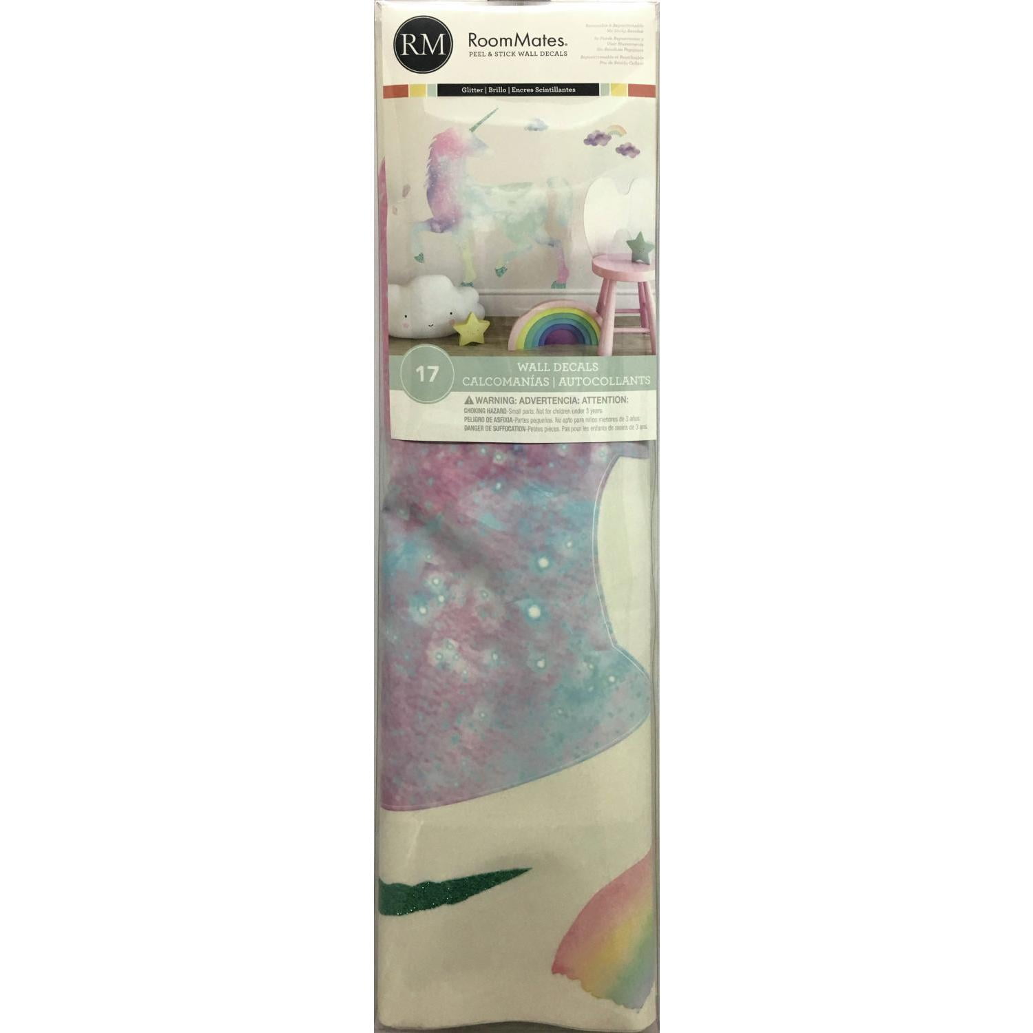 Galaxy Unicorn Peel And Stick Giant Wall Decal with Glitter Rainbows, Clouds, Gemstones Stickers
