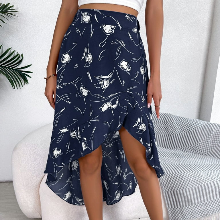 Zhizaihu High Low Floral Skirts for Women A Line Mid Length Skirts High Waist Casual Skirts Dark Blue XL Women s