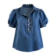 thumbnail image 6 of Womens Summer Shirts Puff Sleeve Button Down Denim Oversized Tshirts for Women Blue M, 6 of 9