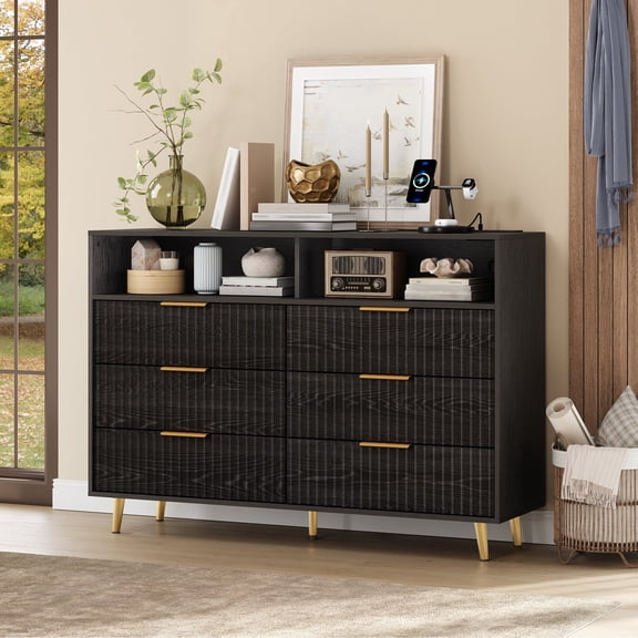 Panapinka 6 Drawer Fluted Dresser for Bedroom, 47.2" Wide Modern Chest of Drawers with Metal Handles, Wooden TV Stand, Storage Organizer for Closet, Living Room, Hallway