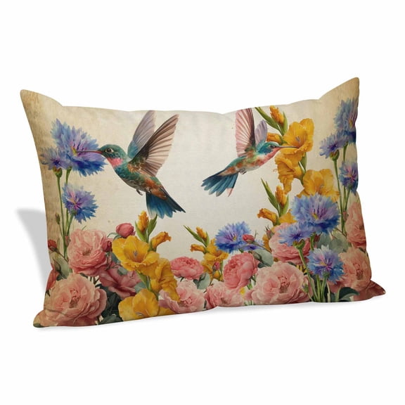 Vintage Hummingbirds Pillow Covers, Linen Long Throw Pillow Case, Spring Farmhouse Country Flowers Holiday Pillow Protector Decorative Cushion Cover for Living Room/Bedroom 12" x 20"