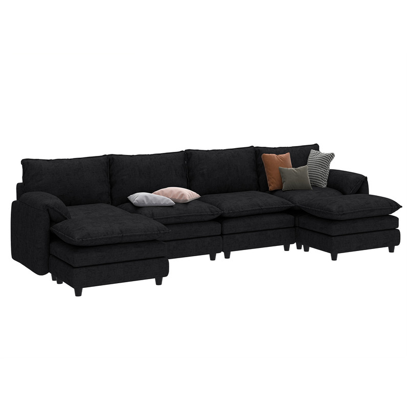 Uforic Sectional Sofa with Ottoman, 142" U Shape Modern 6 Seat Cloud Couch with Pillow-Armrest, Black