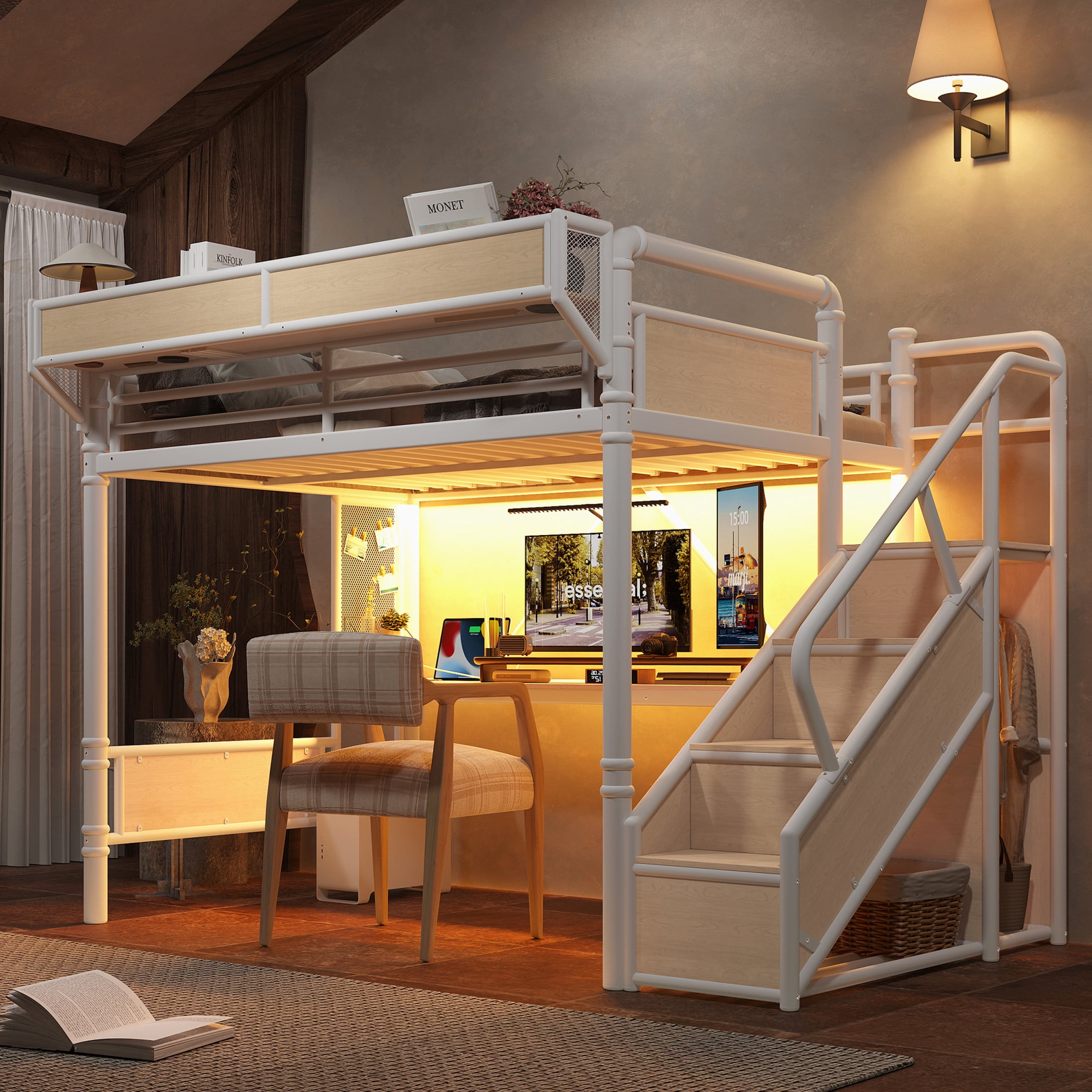 GDF Studio Full Size Metal Loft Bed with Desk, Power Outlet, LED Light, Storage & Wardrobe, White