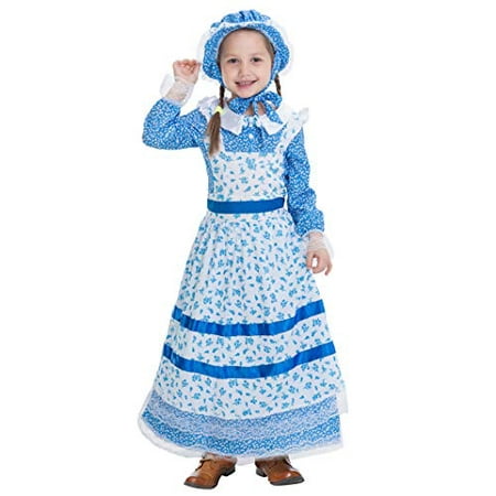 Colonial Pioneer Girls Costume Deluxe Prairie Dress for Halloween Laura Ingalls Costume Dress Up Party (Small