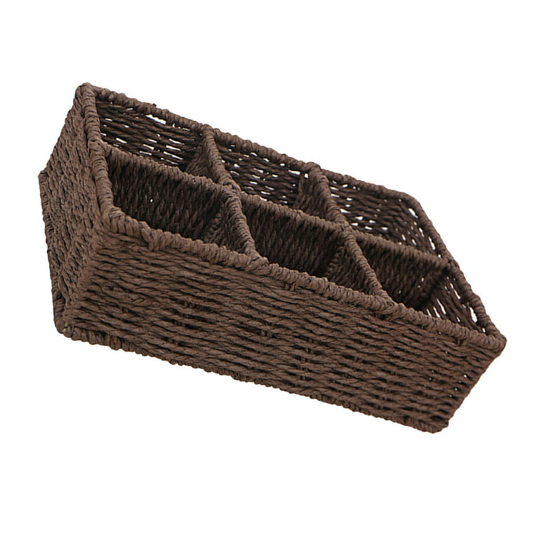 ECO5 Large Rectangle Storage Basket, Coffee Station Organizer, 4 Dividers  Basket Hand Woven with Handle, Organizing Wicker Basket for Pantry, Office