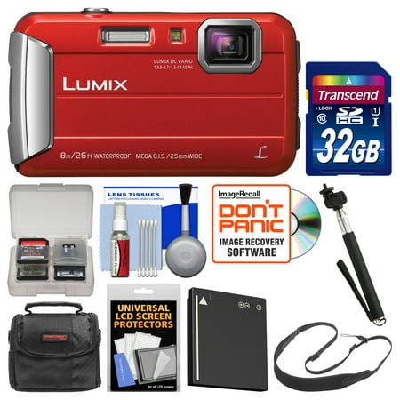 Panasonic-Lumix-DMC-TS30-Tough-Shock-Waterproof-Digital-Camera-Red-with-32GB-Card-Case-Battery-Selfie-Stick-Monopod-Sling-Strap-Kit