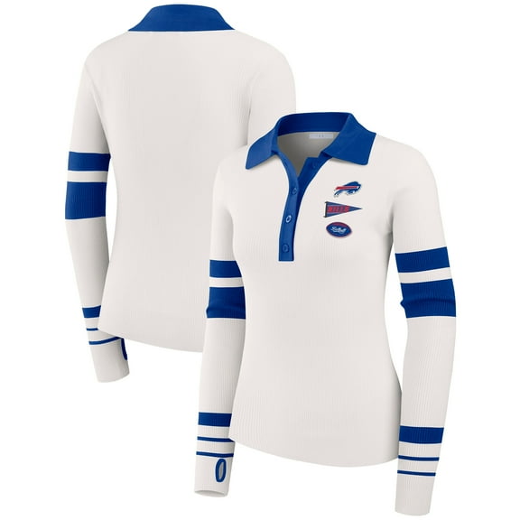 Women's WEAR by Erin Andrews White Buffalo Bills Ribbed Henley Polo Sweater