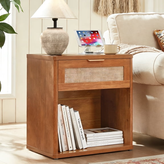 LELELINKY Rattan Nightstand with Charging Station, 23" Wide Boho Bedside Table with Drawer and Shelf for Bedroom, Living Room, Tea Color