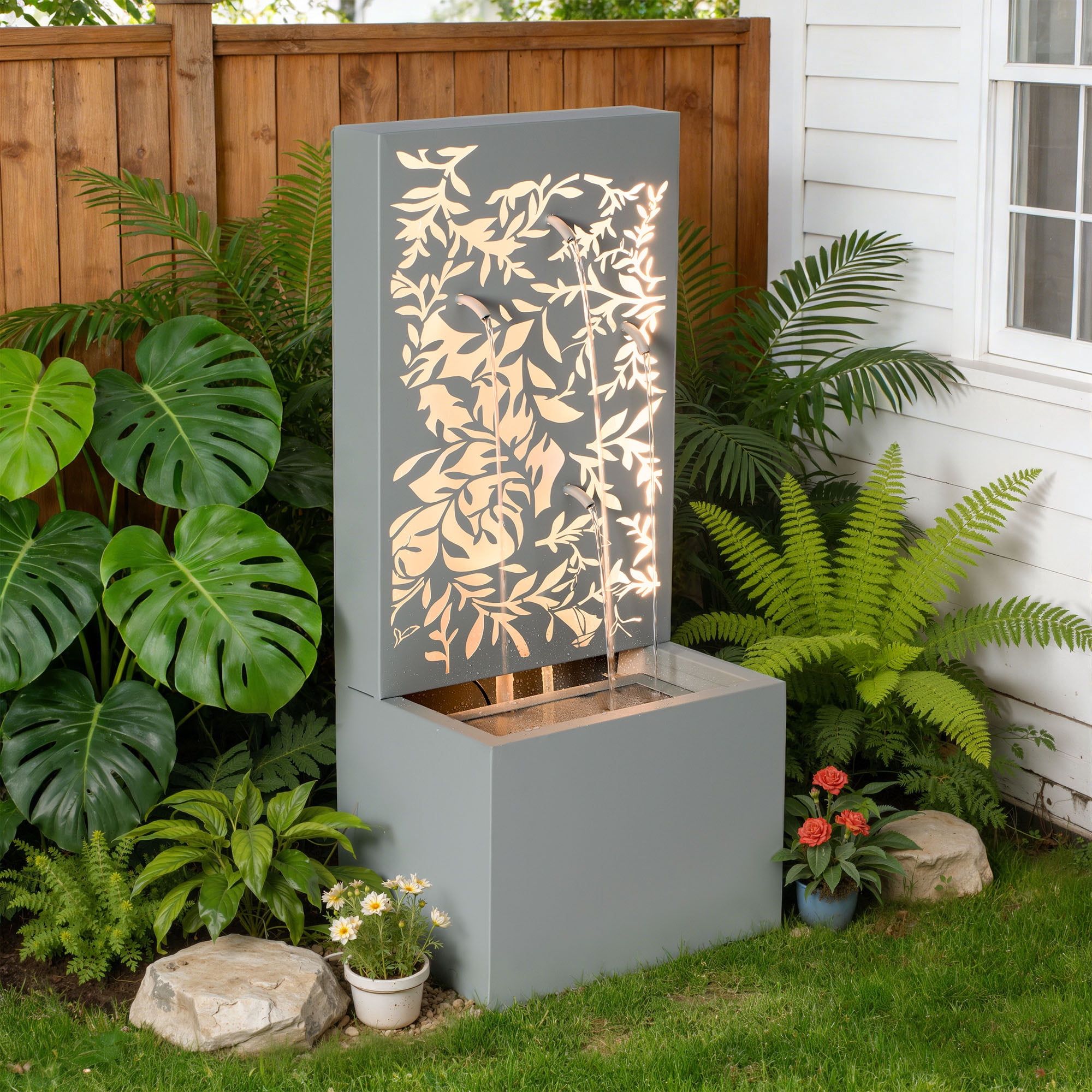 Mintazer 30.7"H Leaf Cutout Vertical Water Wall Fountain, Weatherproof Metal Outdoor Cascading Water Feature with Warm LED Backlight & Silent Recirculating Pump for Patio Garden Backyard Decor, Gray